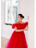 Off Shoulder Bright Pink Lace Tulle Flower Girl Dress